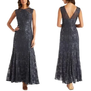 R&M Richards Size 12P Illusion Shoulder High Vneck Lace Sheath Charcoal Dress  - Picture 1 of 8