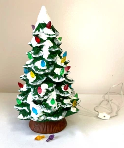 VINTAGE LIGHTED GREEN CERAMIC CHRISTMAS TREE WITH SNOW TIPPED BRANCHES, 12" TALL - Picture 1 of 7