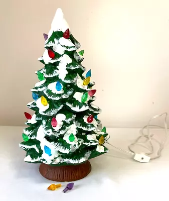 VINTAGE LIGHTED GREEN CERAMIC CHRISTMAS TREE WITH SNOW TIPPED BRANCHES, 12" TALL - Image 1 of 4