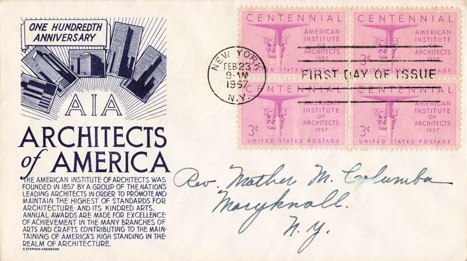 1957 3¢ Architects America 100th Anniversary 2/23 First Day Issue NY NY Cancel - Image 1 of 1