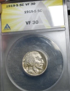 1919-S Buffalo Nickel ---- VF-30 ANACS Graded Coin ---- #199C - Picture 1 of 6