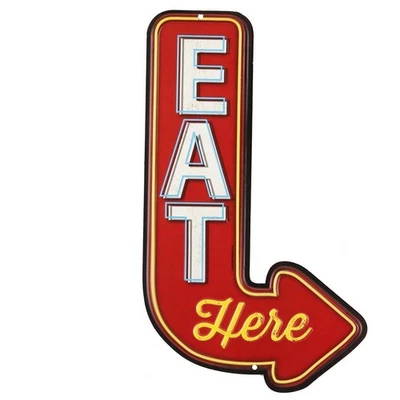 Eat Here Arrow Embossed Metal Sign - Vintage Diner Sign for Kitchen or Man Cave - Image 1 of 4