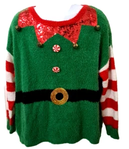 Suéter de Navidad Feo Hora de Vacaciones Talla L Suéter Elfo Jingle Bells Lentejuelas  - Imagen 1 de 9