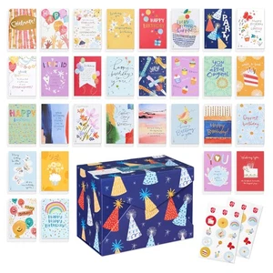 Caja surtida de tarjetas de cumpleaños de 30 unidades con sobres, sellos y caja de almacenamiento... - Imagen 1 de 9