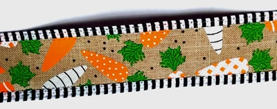 Easter 1.5" x 4 yards Wired Ribbon Orange Carrots Natural Tan Black/White Trim - Image 1 of 4