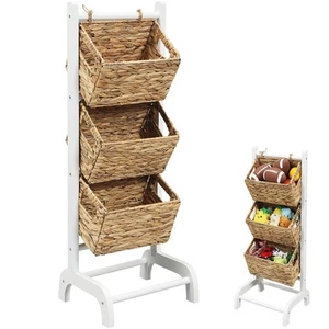 Wicker 3 Tier Foldable Storage Basket Floor Rack with Market Storage Basket W... - Picture 1 of 7