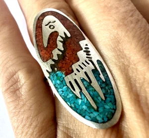 Vintage Southwest Sterling Silver Turquoise Coral Chip Native Amerian Bird Ring - Picture 1 of 18