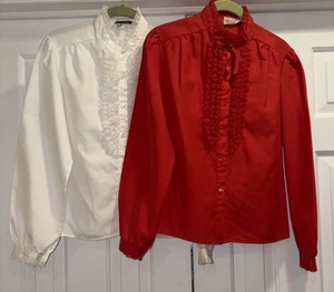 Lot/2 Vtg Rhapsody Made USA Ruffled Blouse M Button Up Long Sleeve Red & White - Picture 1 of 24