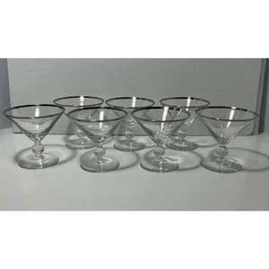 7 Stemmed Glasses Champagne Cocktail Mid Century Modern Platinum Rim 4" tall - Picture 1 of 5