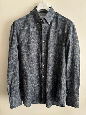 $1200 Brunello Cucinelli Blue Grey Linen Paisley Motif Button-up Shirt - XL - Image 1 of 4