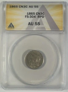 1865/1865 3 Cent Nickel FS-304 RPD ANACS AU 55 - Picture 1 of 2