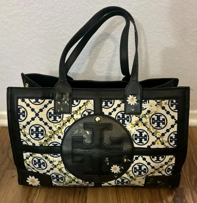 TORY BURCH Ella Large Canvas Quadrant Tote Bag Black Leather Canvas Floral Print - Image 1 of 4
