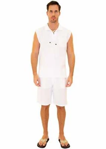 Men's White Cotton Drawstring Pocket Sleeveless Shirt - Picture 1 of 3