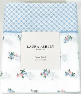 New King Blue Sheet Set Comfy Crisp Cool Cotton Percale Laura Ashley Harperette - Picture 1 of 7
