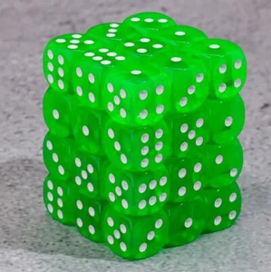 NEW Dice Cube Set of 36 D6 (12mm) - Translucent Bright Green w/ white pips - Picture 1 of 4