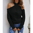 (Black L)Women V Neck Sweater Cold Shoulder Sweater Casual Drop Shoulder AGS