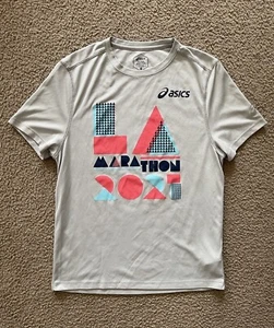 Asics Men's Short Sleeve Running T-Shirt Gray Medium LA Marathon 2021 Racing Tee - Picture 1 of 13