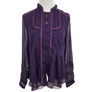 Coldwater Creek Top Women's Petite Small Button Down Lace Chiffon Purple Blouse - Picture 1 of 10