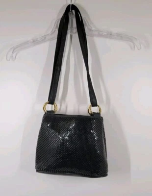 Bolso de Hombro Cartera Whiting and Davis Cuero Negro Malla Metal Doble Correa Foto 1 de 4