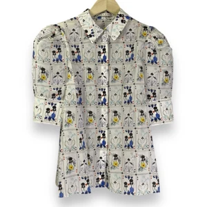 Alice + Olivia Willa Puff Scrunched Sleeve Silk Shirt Playing Cards Artsy Button - Picture 1 of 13