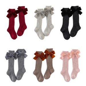 Kids Girls Chunky Ribbed Knit Knee High Socks Solid Cute Velvet Bow Stockings - Picture 1 of 13