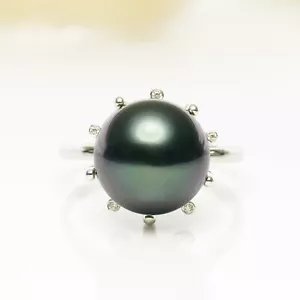 14K massiver Weißgold-Ring 11,9 mm schwarz-lila Tahiti-Salzwasserperlen, 7# - Bild 1 von 7
