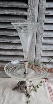 ANCIEN CENTRE DE TABLE SOLIFORE COUPE A FRUITS 1900 EN VERRE ET METAL ARGENTE - Photo 1/4