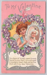To My Valentine's Day Heart Of Violets Cupid Ladies Picture Embossed Postcard - Picture 1 of 2