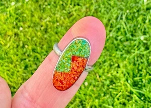 Native American Sterling Silver Crushed Royston Turquoise & Red Coral Ring - Picture 1 of 4
