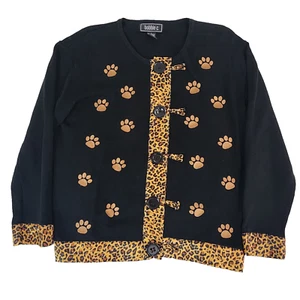 Bobbie C Womens Cardigan Sweater Large Black Cats Paw Leopard Trim Novelty #1969 - Picture 1 of 13
