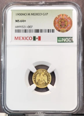 1900 MEXICO GOLD 1 PESO HERALDIC EAGLE NGC MS 64+ RARE HIGH GRADE BEAUTIFUL COIN - Image 1 of 3