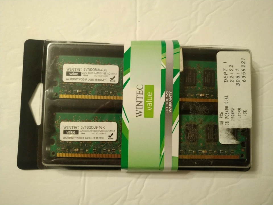 Wintec Value 4GB SET 2 x 2GB PC2-6400 DDR2 240-PIN NON-ECC DIMM 3VT8005U9-4GK - Image 1 of 1