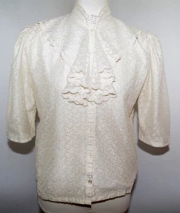 VTG White Lace Button Up Ruffle Gem Glittery Blouse Top Puffy Sleeves Womens M - Picture 1 of 12