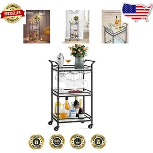 Compact Ink Black Bar Cart with 3-Tier Shelves & Removable Wine Glass Racks - Picture 1 of 9