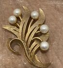 Vintage Roma Gold Tone and Faux Pearl Floral Leaf Brooch