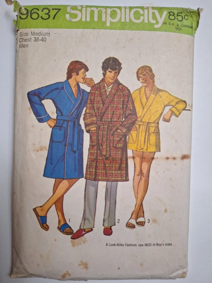 Robe Bath Lounge Tie Mens M 38 40 Simplicity 9637 Sewing Pattern Cut VTG 1970s - Image 1 of 4