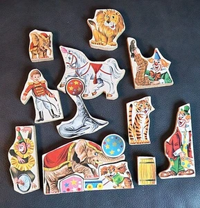 Vintage Magnetic Thick Wood Puzzle Pieces Lot Of 14 Circus -Art Crafts Repurpose - Picture 1 of 9
