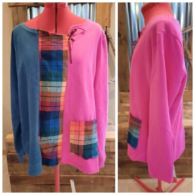 Sudadera Empalmada L Hecha a Mano a Cuadros Rosa y Turquesa Reciclada  Foto 1 de 3