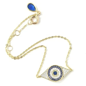 9ct Gold Evil Eye Bracelet Blue White & Yellow Zirconia Stones 16-18cm Long 1.2g - Picture 1 of 20