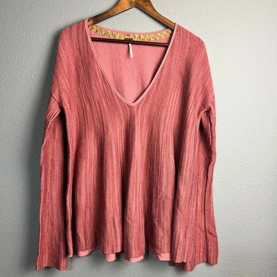 Suéter Free People Sundae Flowy Bell SL-Cuello en V Rosa Acanalado Tejido Boho Pullover M Foto 1 de 4