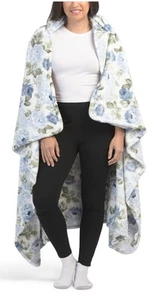 Laura Ashley Aly's Peony Blue Flowers Plush Hooded Throw Blanket NWT - Picture 1 of 5