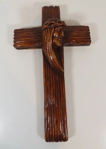 "Única cruz colgante de pared de yeso 1972 15 x 9"" con cara de Jesús marrón decoración del hogar" - Imagen 1 de 11