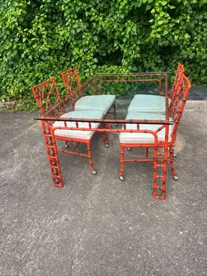 CHINESE CHIPPENDALE Dining SET vintage powder coated aluminum orange - Image 1 of 4
