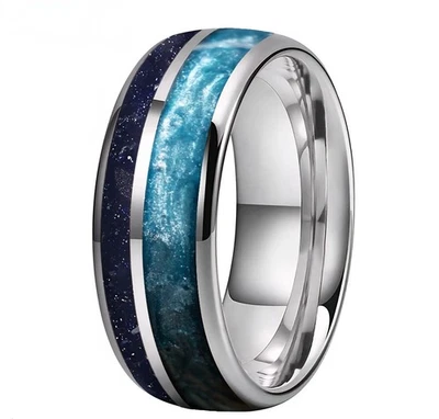 Anillo de carburo de tungsteno de 8 mm para hombres y mujeres banda arenisca azul e incrustación de perlas trituradas Foto 1 de 4