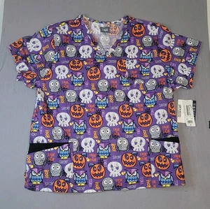 Butter-Soft Originals Size 3XL Halloween Scrub Top Purple Skulls Jack O Lanterns - Picture 1 of 5