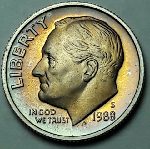1988-S U.S ROOSEVELT DIME PROOF VIVID GEM APPEAL UNC BU NICE TONED COLOR (MR) Cover