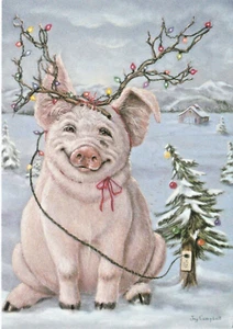 Leanin' Tree Christmas Card - Pig w/Lights, Antlers, Tree Joy Campbell - C72518 - Picture 1 of 5