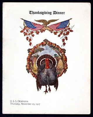 US 1917 NAVY BATTLESHIP U.S.S. OAKLAHOMA THANKSGIVING DINNER MENU - Image 1 of 3
