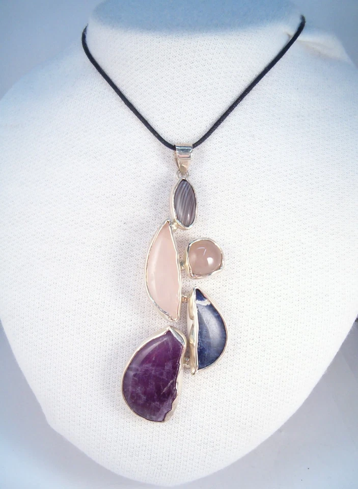 Ciondolo in ARGENTO 925 con PIETRE DURE naturali -Quarzo Ametista Sodalite Agata - Immagine 1 di 4