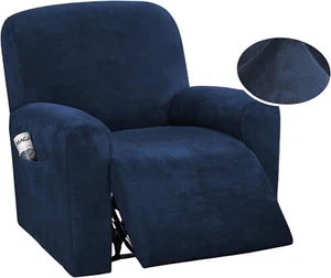 Blue Velvet Recliner Chair Cover with Side Pocket 4 Piece Non Slip Recliner Cove - Picture 1 of 6